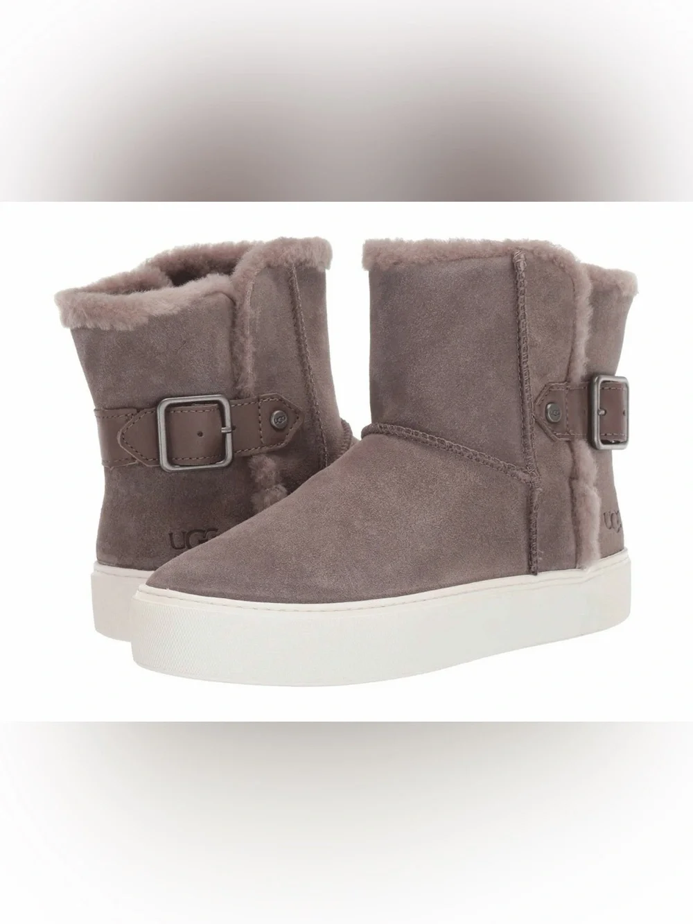 UGG Women's Taupe Suede Shearling Mid-Ankle Booties with Buckle Strap